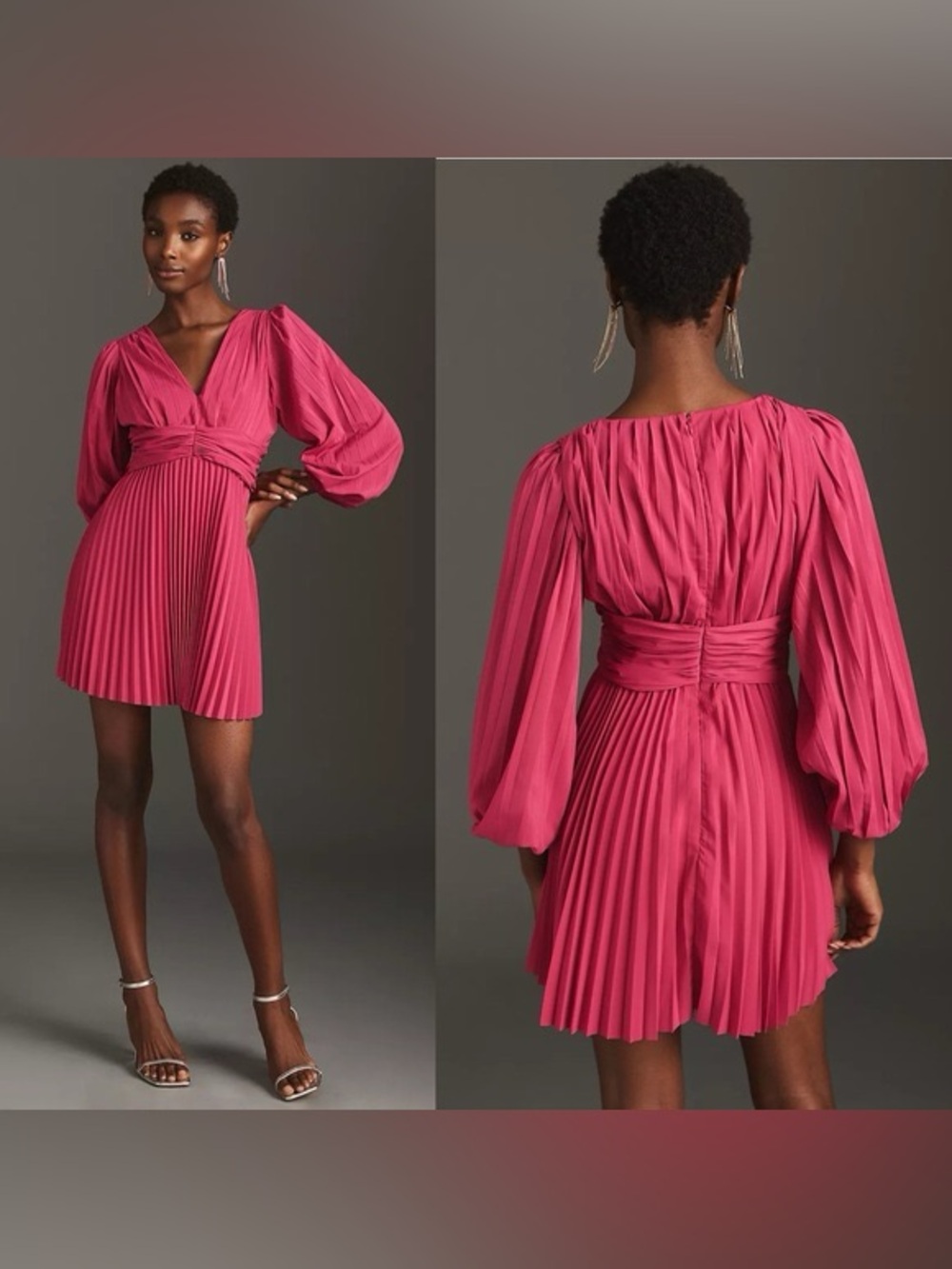 Aureta x Anthropologie Pleated Mini Dress Magenta Pink V-Neck Balloon Sleeve M